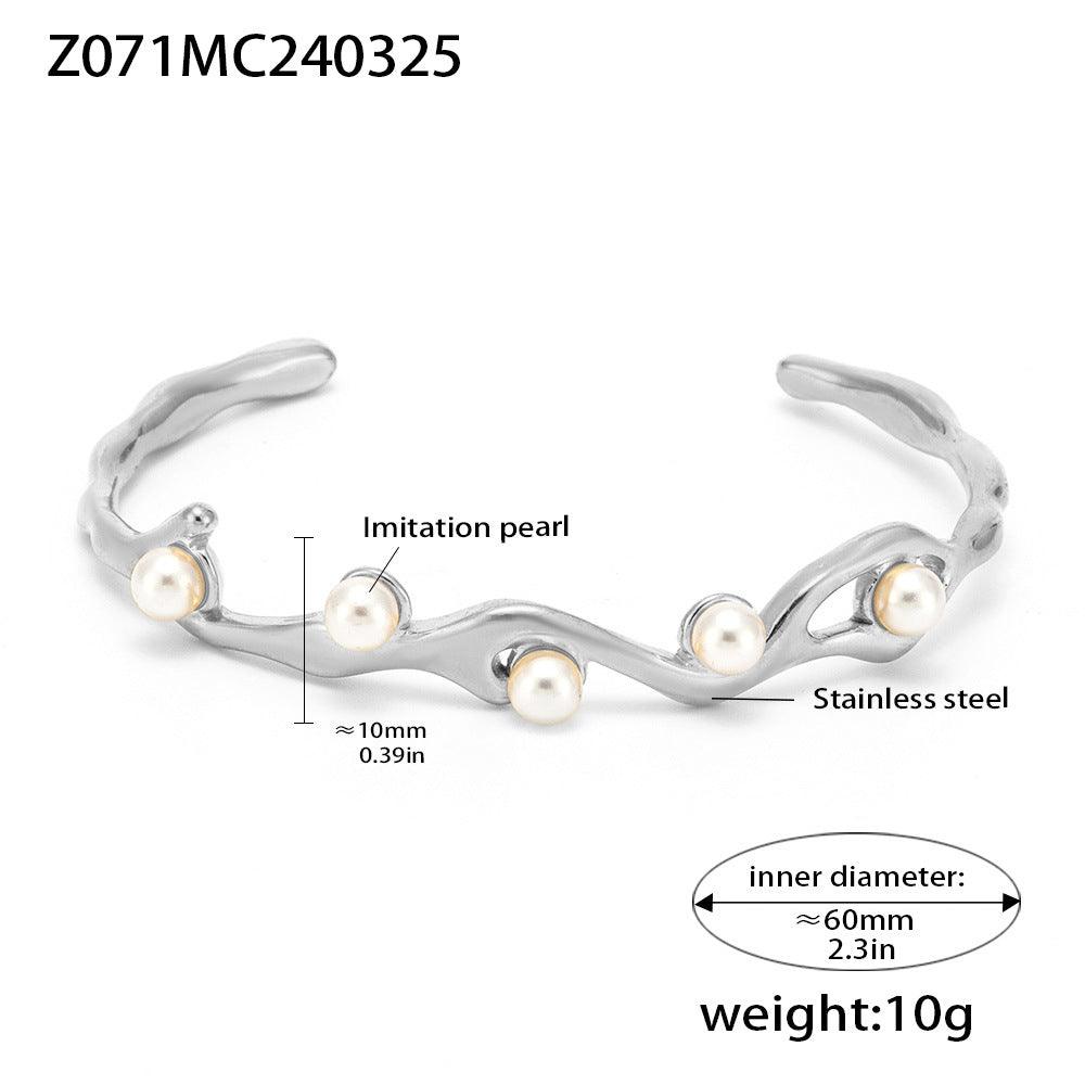 B廠-法式精美貝珠開口手鐲小眾文藝女生鐲子不鏽鋼電鍍金首飾「Z071」25.02-1