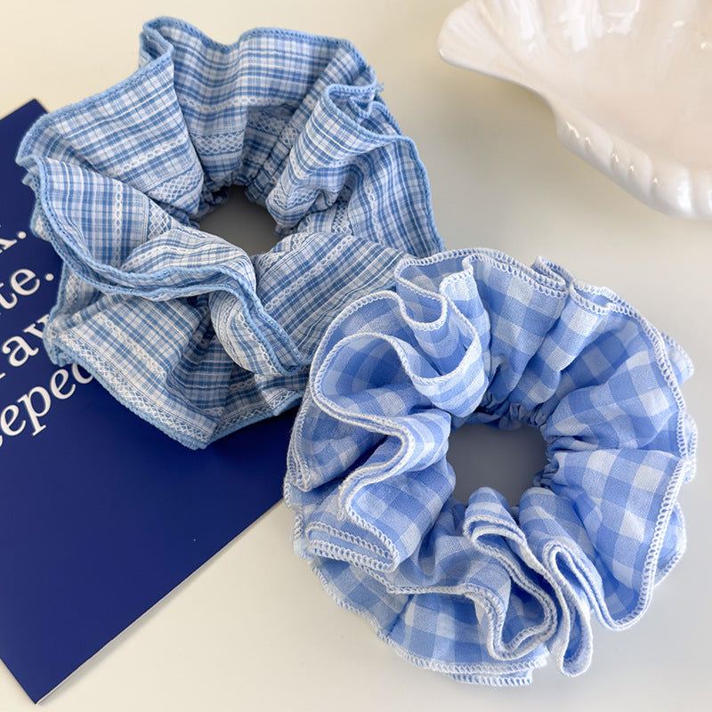 E廠-韓版清新藍色格子條紋布藝大腸髮圈四層褶皺壓邊髮繩馬尾頭花髮繩「26844B 26844E」25.05-1