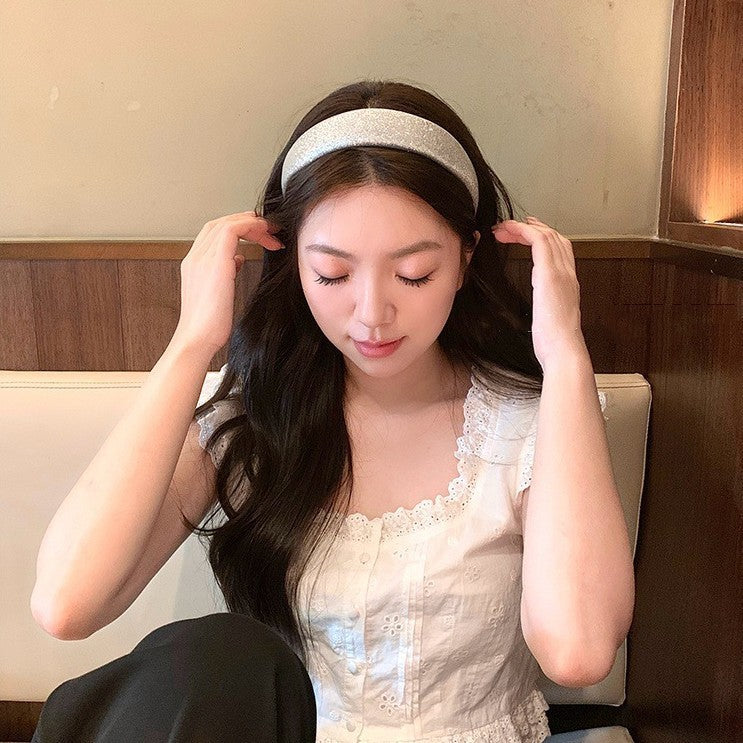 E廠-美式復古辣妹銀色閃粉海綿髮箍氛圍感高顱頂頭箍時髦造型髮卡髮飾「27347」25.08-3