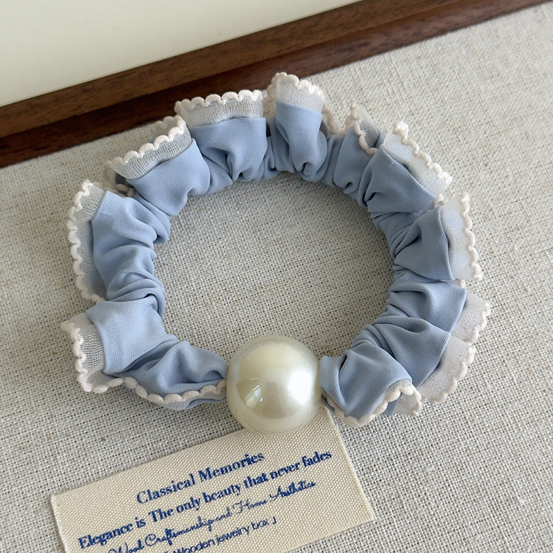 E廠-軟萌奶藍色蕾絲花邊珍珠髮圈甜美少女心大腸圈扎髮繩頭花皮筋頭飾「27115」25.06-4