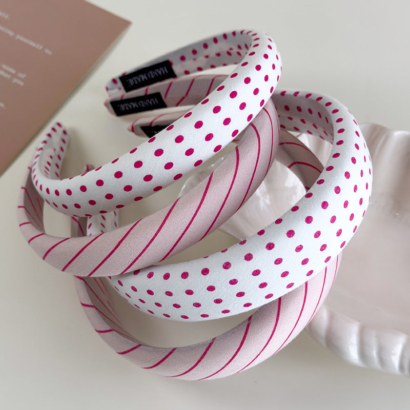 E廠-芭蕾粉~甜美紅色波點斜條紋海綿寬髮箍高級感頭箍氣質高顱頂髮卡「26884」25.05-1