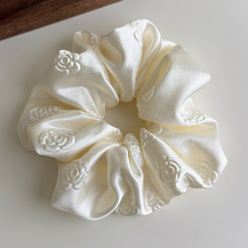 E廠-高級感純色輕奢立體壓花緞面大腸髮圈女慵懶風簡約百搭扎頭髮皮筋「27104」25.06-4