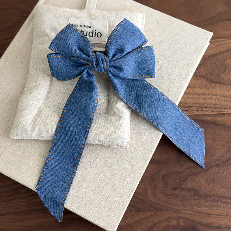 E廠-韓系時髦牛仔飄帶蝴蝶結髮夾簡約高級感後腦勺大號鴨嘴夾甜美髮飾「27096」25.06-3