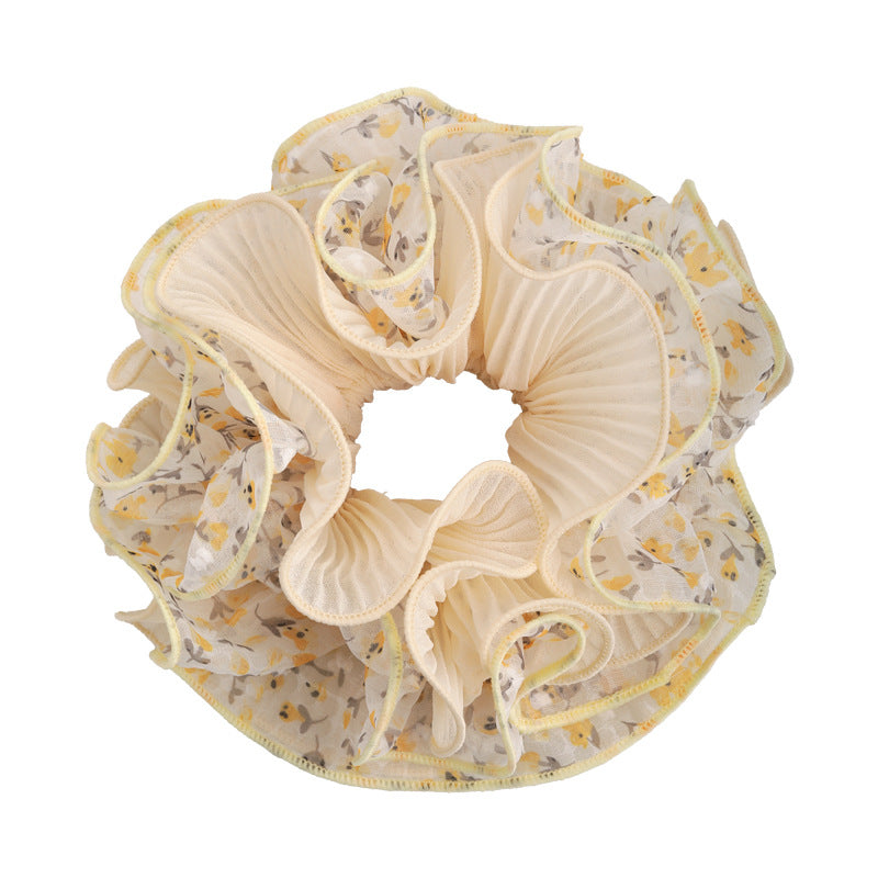 E廠-泡泡紗碎花雙層褶皺花邊大腸髮圈女扎頭髮低馬尾皮筋丸子頭繩髮飾「27063」25.06-2