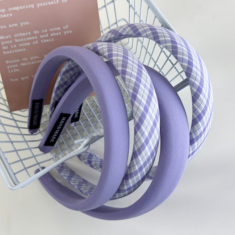 E廠-仙女紫~紫色格子純色髮箍女2025新款外出百搭高顱頂洋氣髮卡頭箍「26883」25.05-1