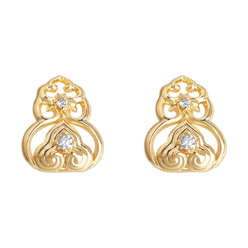 A廠-原創 福祿時尚高級感新中式紋樣925銀針鍍14K微鑲鋯石葫蘆耳釘「6867」25.10-1