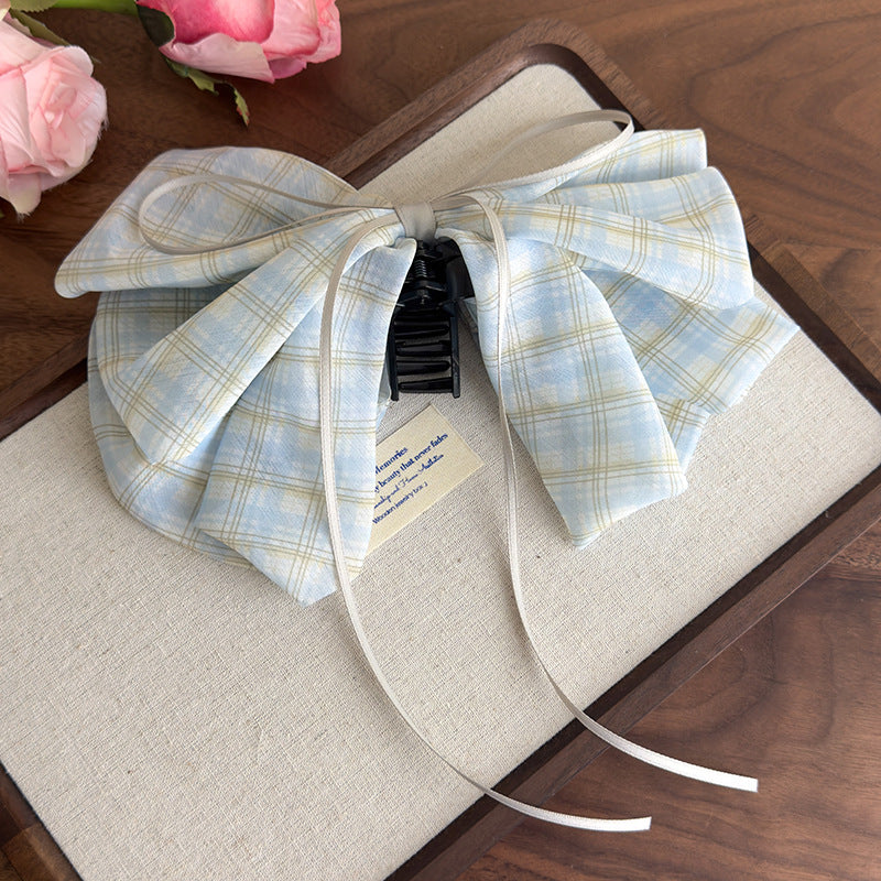 E廠-2025新款甜美格子蝴蝶結絲巾馬尾夾後腦勺夾子頭飾高級感髮飾抓夾「27132」25.06-4