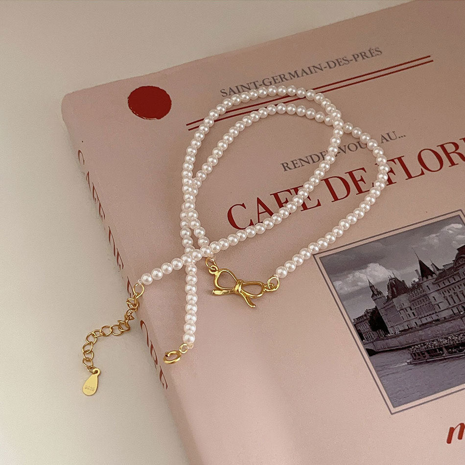 F廠-韓國韓版925純銀蝴蝶結人造水晶珍珠項鍊簡約ins小紅書項鍊「B1219」25.08-4