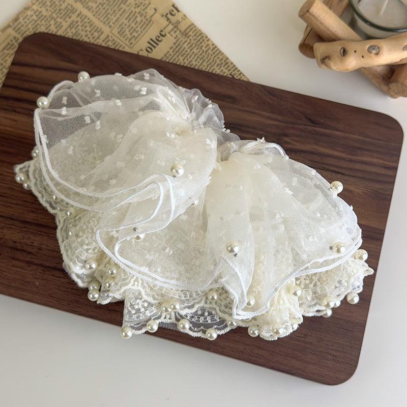 E廠-白色網紗裙擺珍珠蕾絲大腸髮圈2025新款超大號扎頭髮頭花髮繩髮飾「27129」25.06-4