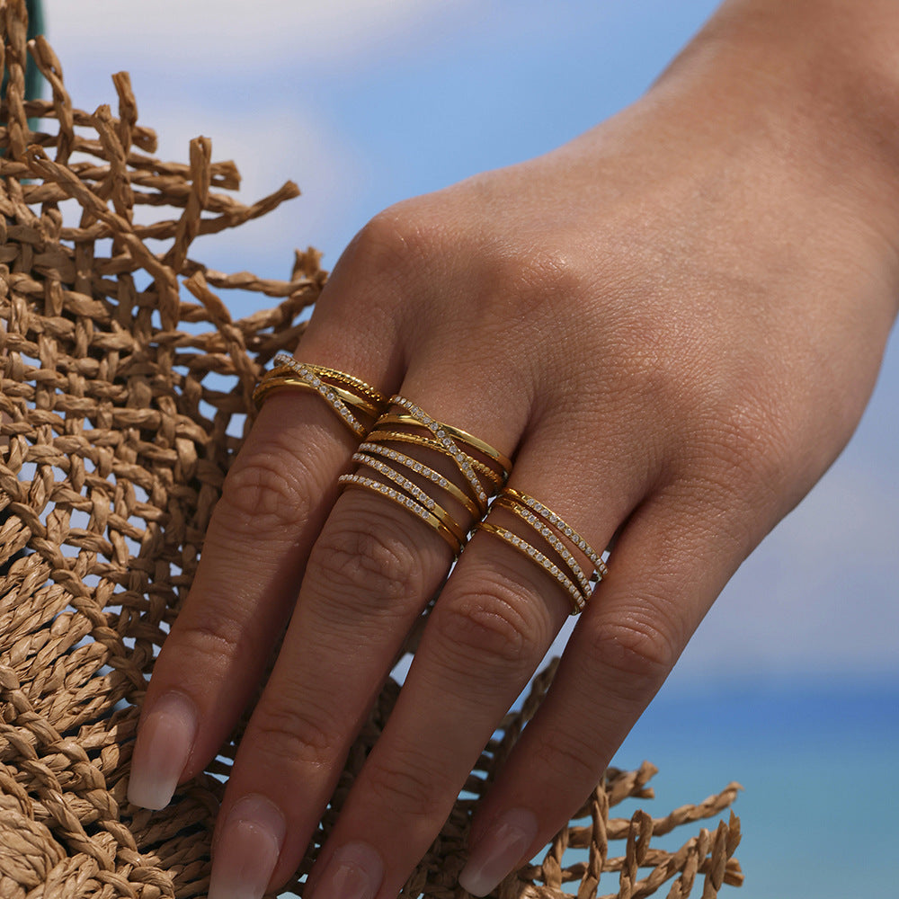 B廠-5A鋯石超細三層戒指不鏽鋼真空電鍍18K真金開口可調節飾品「A035-A043」25.04-4