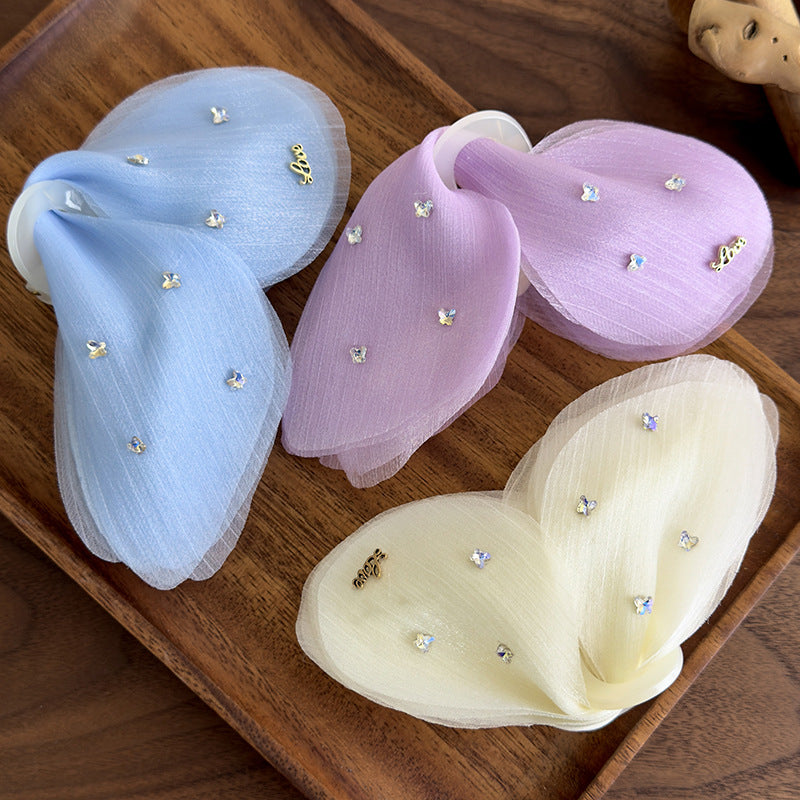 E廠-溫柔薄紗蝴蝶抓夾夢幻法式閃鑽網紗髮夾髮抓大號後腦勺盤髮鯊魚夾「26982」25.05-4