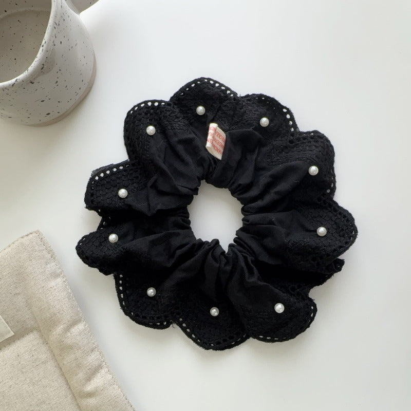 E廠-韓國小清新珍珠刺繡蕾絲大腸髮圈2025新款扎馬尾氣質髮飾丸子頭繩「27076」25.06-3