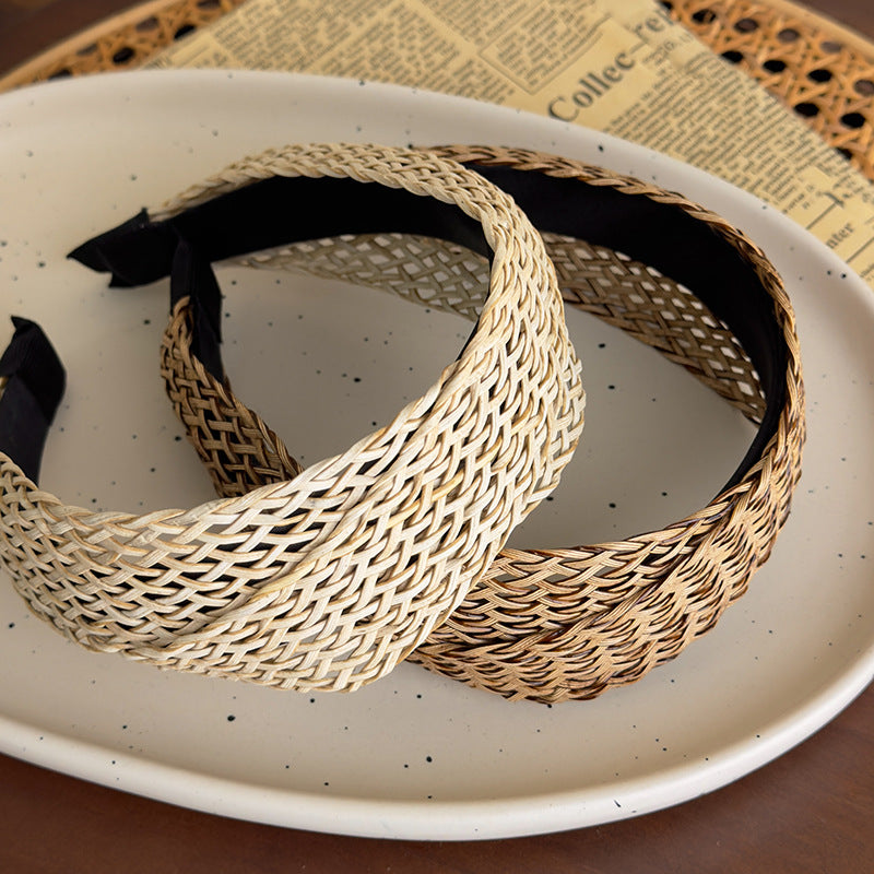 E廠-法式波西米亞風草編交叉髮箍女森系復古寬邊個性壓髮頭箍髮捆髮飾「27031」25.05-5