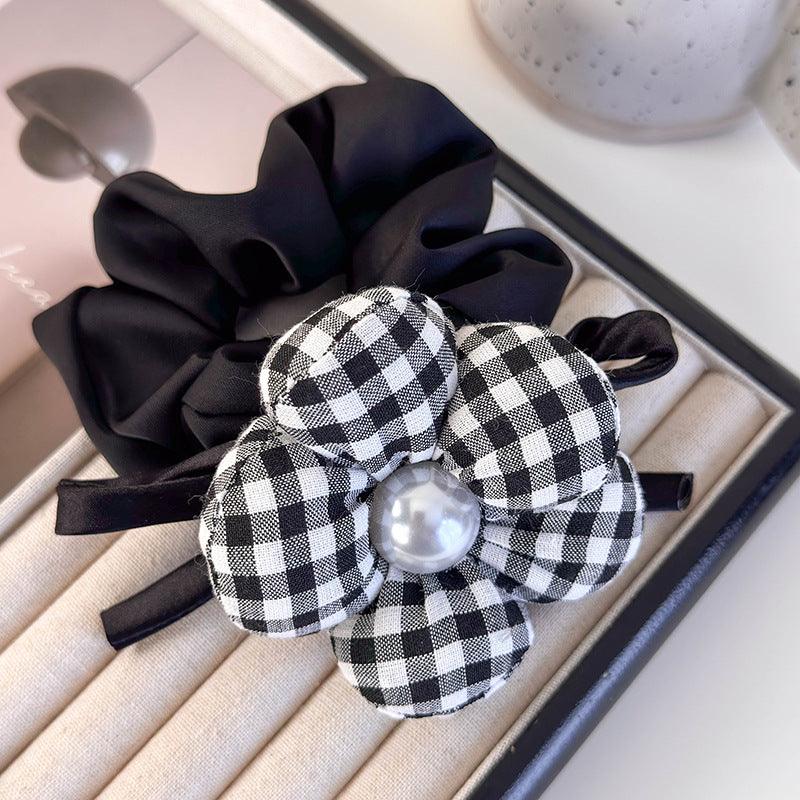 E廠-韓版新款黑白格子花朵珍珠抓夾後腦勺鯊魚夾大腸髮圈網紅頭繩髮飾「26182 26152」24.10-4