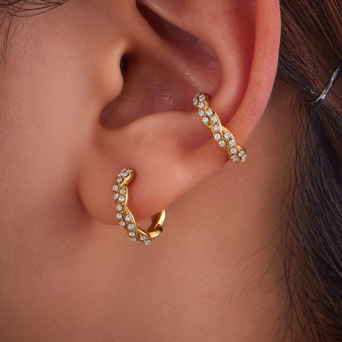 B廠-歐美跨境新款飾品不鏽鋼鑲鋯石三層耳骨夾耳飾簡約時尚耳環「F428-F421」25.08-5