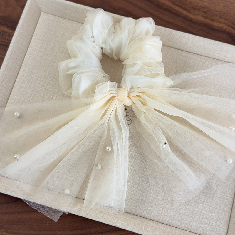 E廠-仙飄逸春夏新款韓國網紗釘珍珠魚尾飄帶大腸圈髮圈甜美馬尾頭繩「26885」25.05-1