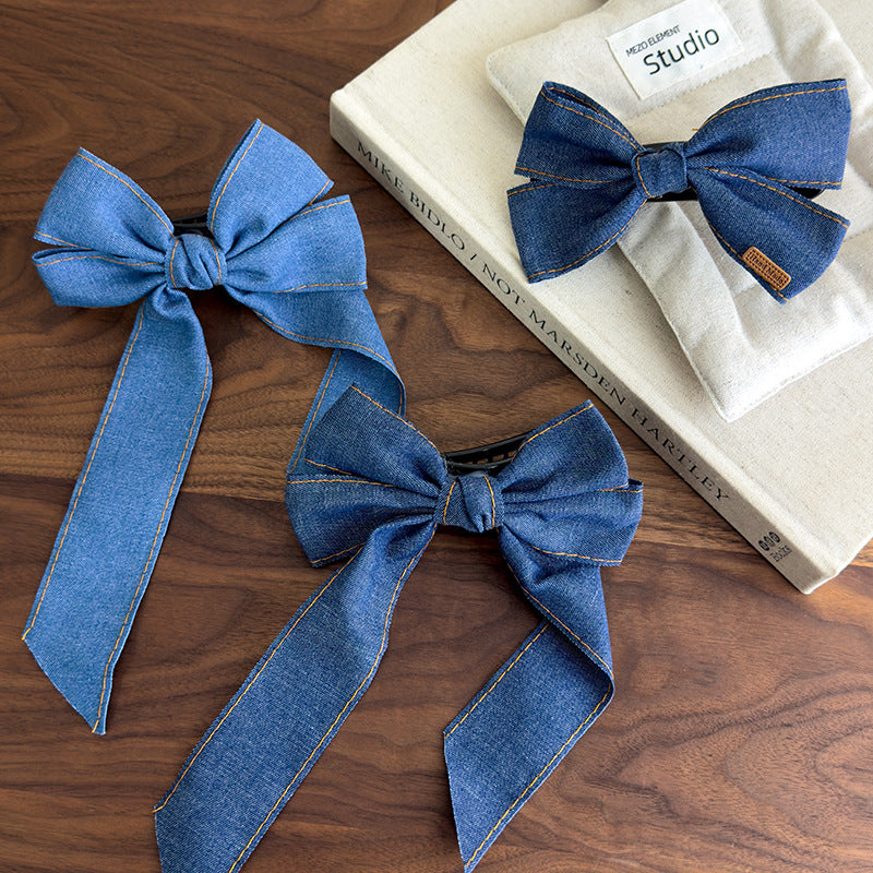 E廠-韓系時髦牛仔飄帶蝴蝶結髮夾簡約高級感後腦勺大號鴨嘴夾甜美髮飾「27096」25.06-3