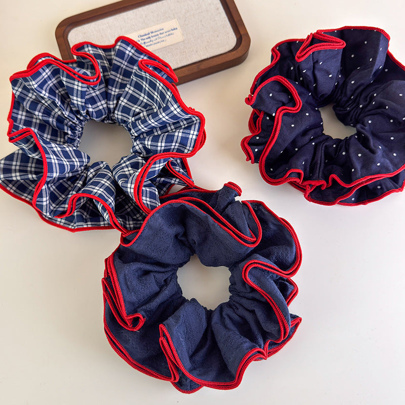 E廠-韓系復古深藍色牛仔格紋波點雙層大腸髮圈女2025新款髮繩馬尾髮飾「27328」25.08-3