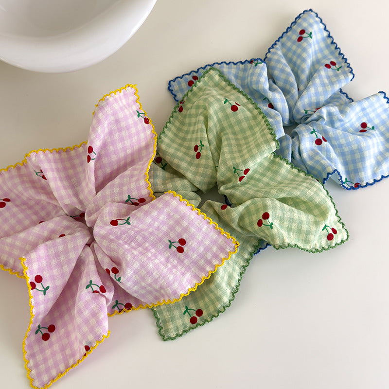 E廠-甜美韓國格子櫻桃方巾大腸髮圈女方形紮頭髮低馬尾髮繩頭繩髮飾品「27018」25.05-5