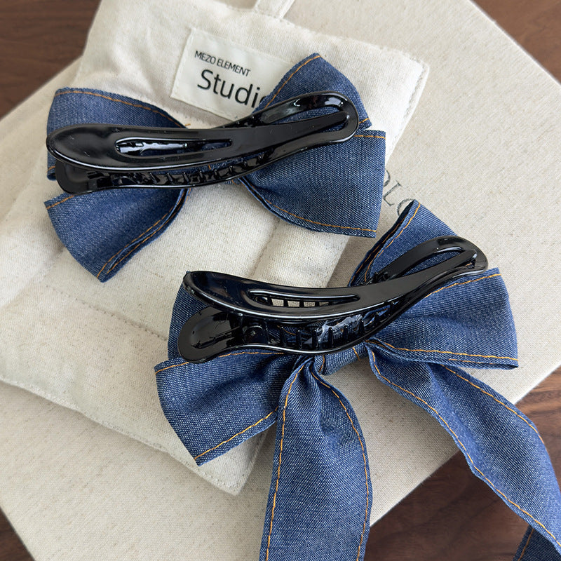 E廠-韓系時髦牛仔飄帶蝴蝶結髮夾簡約高級感後腦勺大號鴨嘴夾甜美髮飾「27096」25.06-3