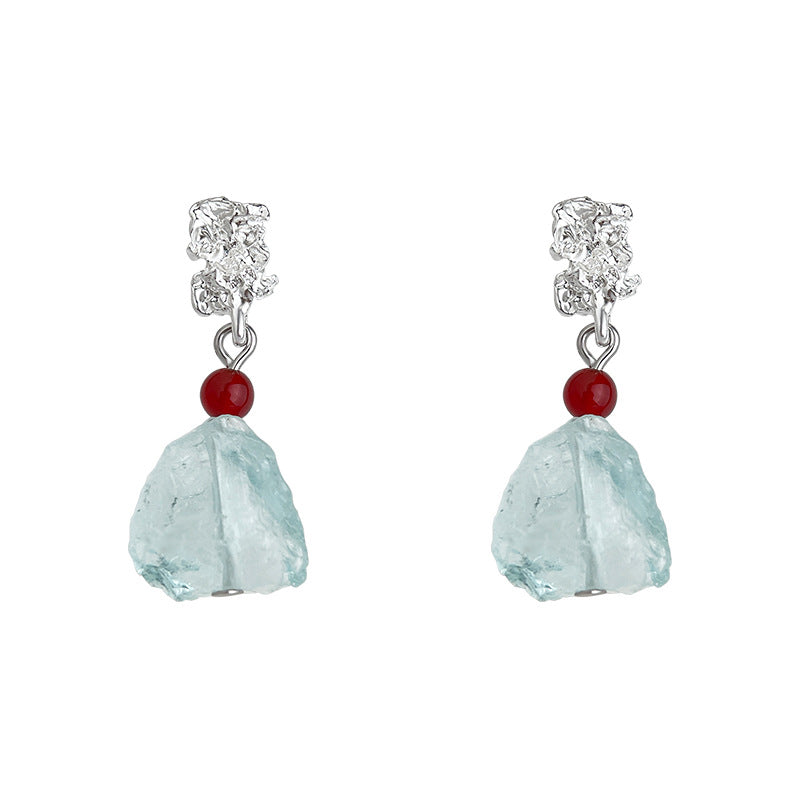 A廠-清冷感水透海藍水晶天然石時尚清新甜美碎石耳環度假風新款耳飾女「6921」25.10-3