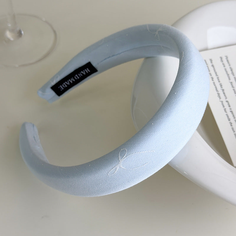 E廠-海鹽藍色系~法式蝴蝶結印花布藝寬邊髮箍清爽百搭高顱頂海綿頭箍「27043」25.06-1