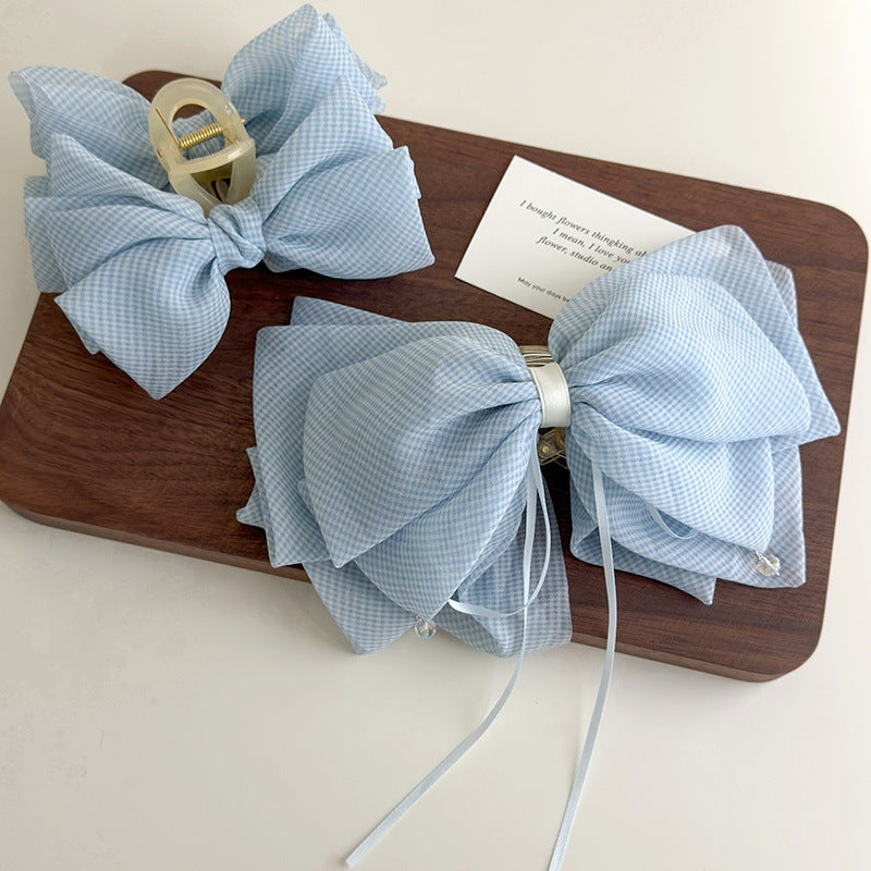 E廠-韓系夏季薄紗藍色細格紋水晶吊墜蝴蝶結抓夾馬尾夾少女百搭鯊魚夾「27108」25.06-4