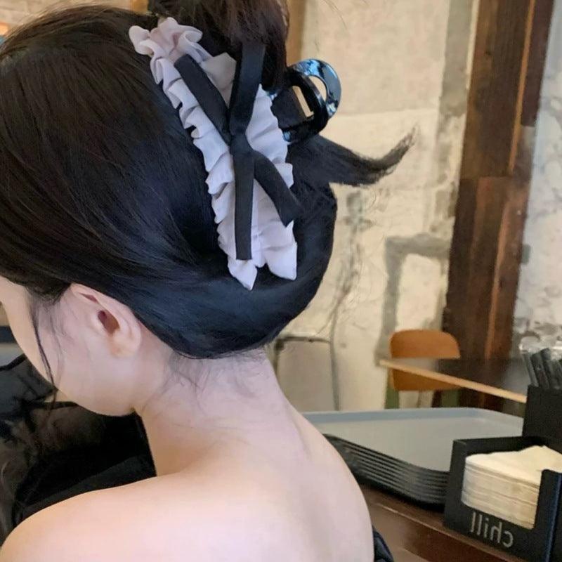 E廠-韓系復古法式褶皺裙擺蝴蝶結髮抓甜美小眾高級氛圍感抓夾髮飾頭飾「27116」25.06-4