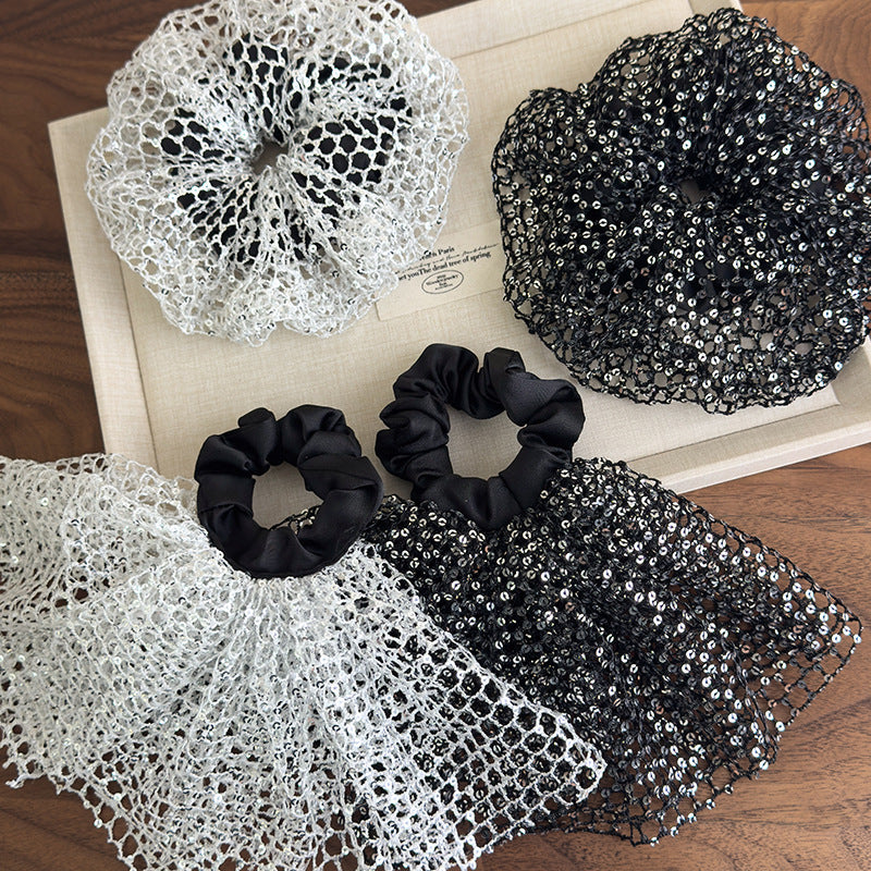 E廠-韓版森系亮片超仙大腸髮圈2025新款法式鏤空裙擺芭蕾風甜美髮飾女「27056」25.06-2