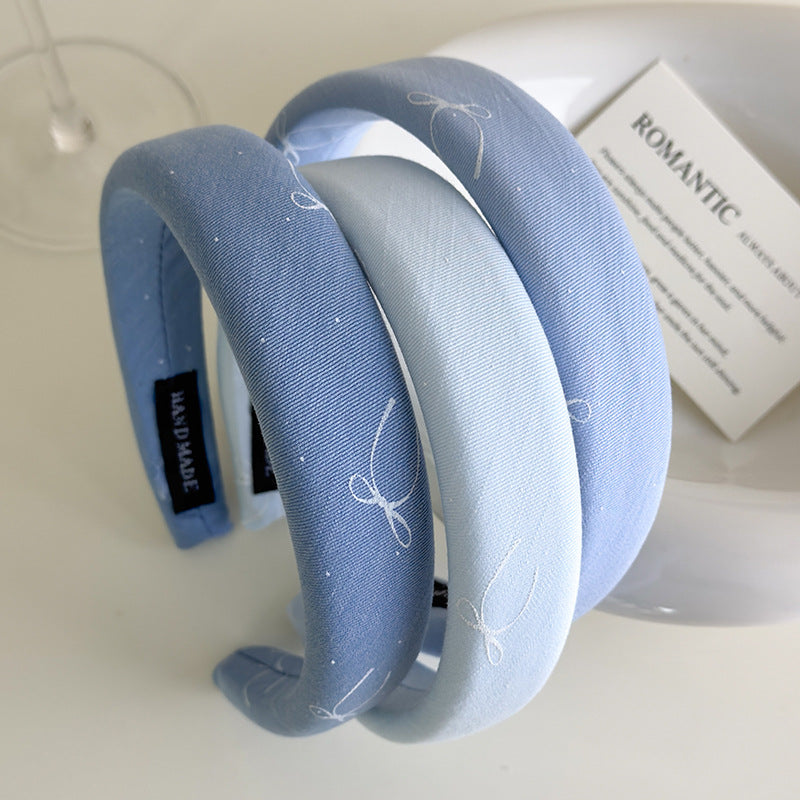 E廠-海鹽藍色系~法式蝴蝶結印花布藝寬邊髮箍清爽百搭高顱頂海綿頭箍「27043」25.06-1