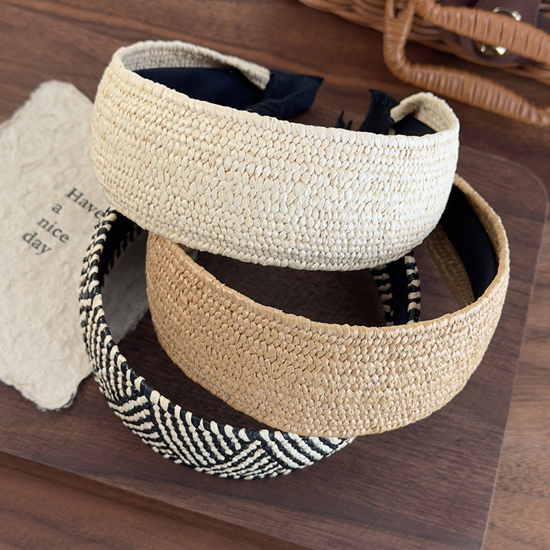 E廠-復古老錢風草編寬邊髮箍女高級感日常外戴頭箍高顱頂度假髮捆頭飾「26926」25.05-3