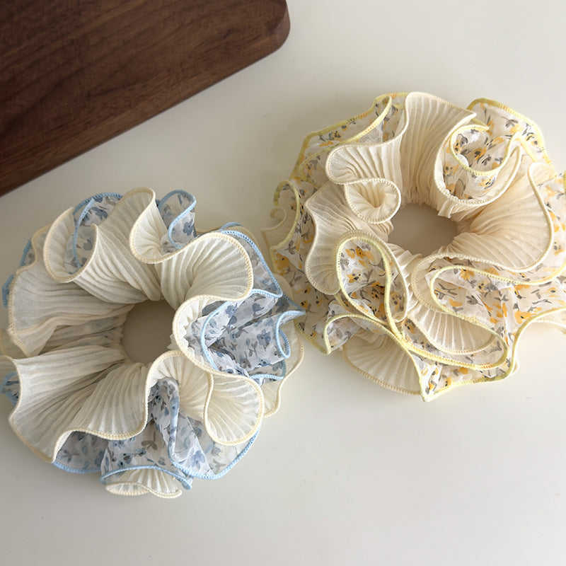 E廠-泡泡紗碎花雙層褶皺花邊大腸髮圈女扎頭髮低馬尾皮筋丸子頭繩髮飾「27063」25.06-2