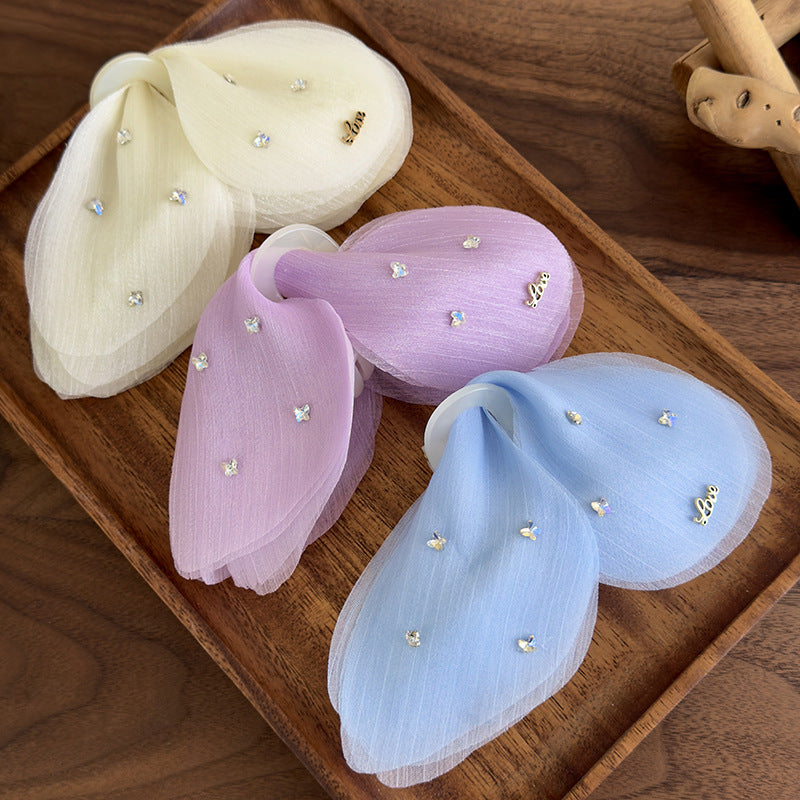 E廠-溫柔薄紗蝴蝶抓夾夢幻法式閃鑽網紗髮夾髮抓大號後腦勺盤髮鯊魚夾「26982」25.05-4