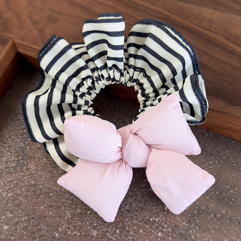 E廠-可愛麵包蝴蝶結條紋大腸圈韓系少女丸子頭皮筋充棉髮圈2025髮飾品「26918」25.05-3
