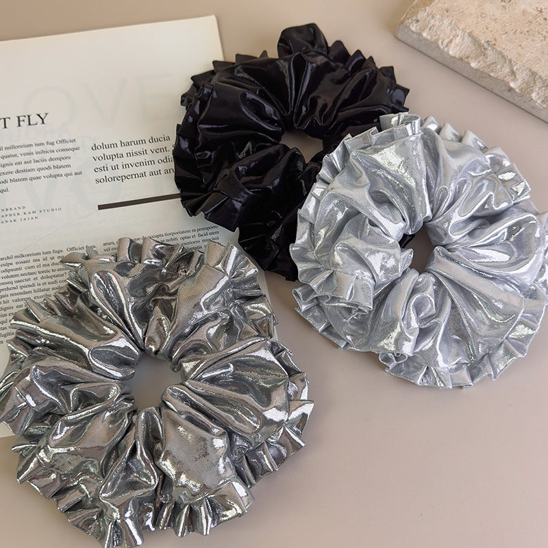 E廠-韓版ins時尚甜酷新款銀色鐳射褶皺花邊大腸髮圈大號少女頭飾髮飾「27393」25.08-5