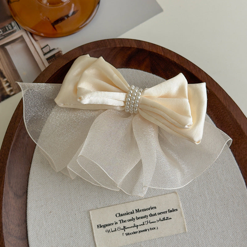 E廠-緞面歐根紗蝴蝶結頂夾後腦勺彈簧夾仙氣飄飄氣質髮夾珍珠夾子頭飾「27155」25.07-1