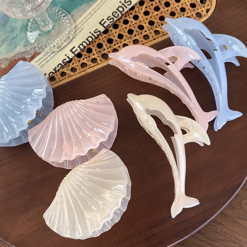 E廠-新款果凍色海豚貝殼抓夾後腦勺髮夾氣質優雅海邊度假風鯊魚夾髮飾「26822」 25.04-3