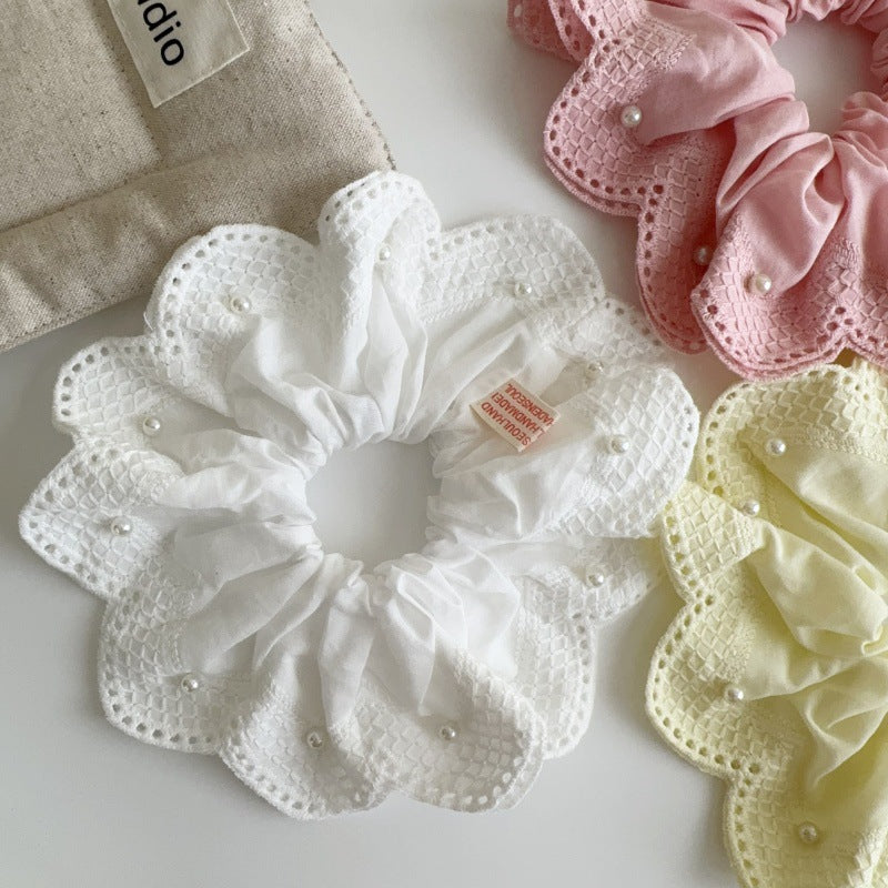 E廠-韓國小清新珍珠刺繡蕾絲大腸髮圈2025新款扎馬尾氣質髮飾丸子頭繩「27076」25.06-3