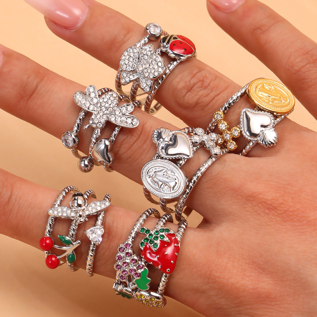 B廠-5A鋯石手工滴油指環百搭高級感手飾鈦鋼開口戒指ins不掉色「A756-A757」25.06-4