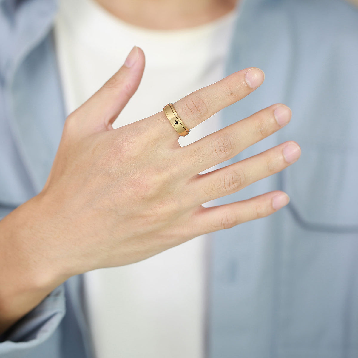 G廠-鏽鋼鐳射腐蝕十字可轉動旋轉戒指黑色男士 食指首飾批發「R-589」25.08-4