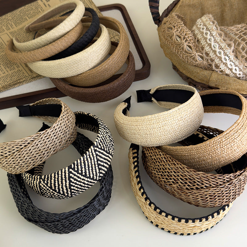 E廠-度假風草編寬邊髮箍女款波西米壓頭箍日常外戴髮捆高顱頂洗臉髮卡「25684」25.06-4