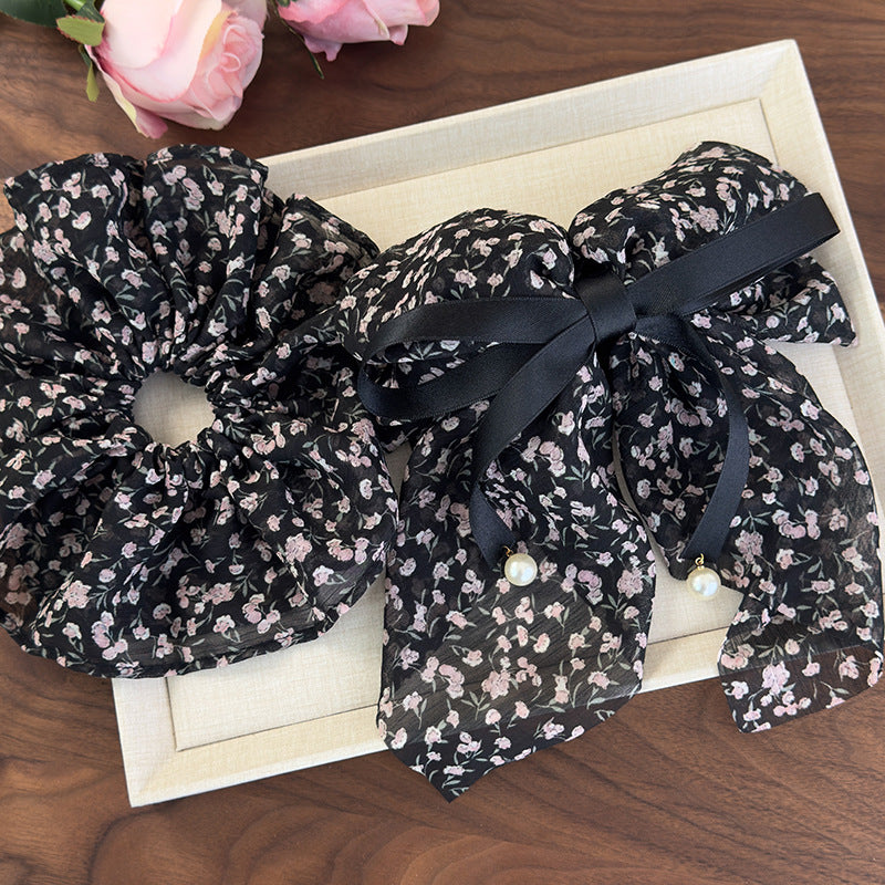 E廠-法式復古碎花蝴蝶結飄帶抓夾優雅時尚感低馬尾髮夾後腦勺髮圈飾品「26817」 25.04-3