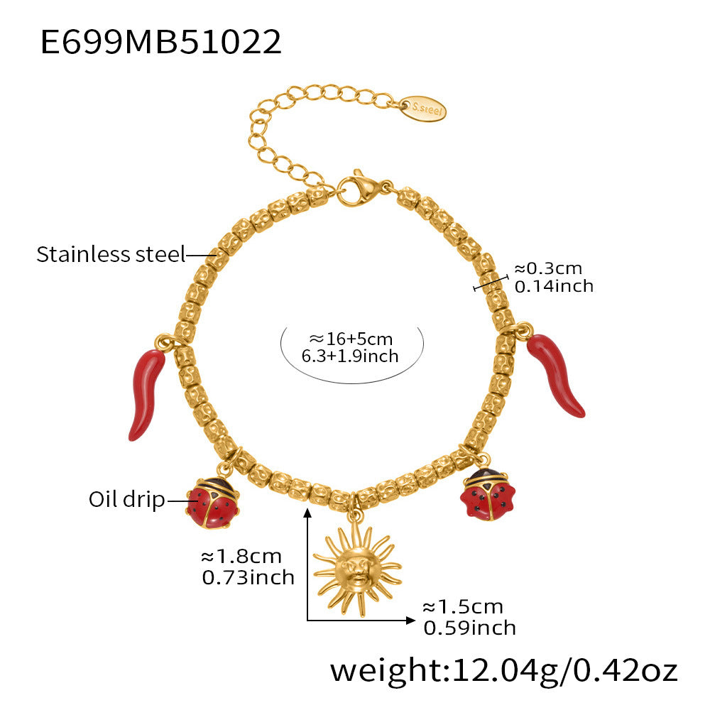 B廠-跨境新款不鏽鋼小辣椒太陽多配件壓紋鋼珠手鍊組合鍍18k金「E699-E700」25.10-5