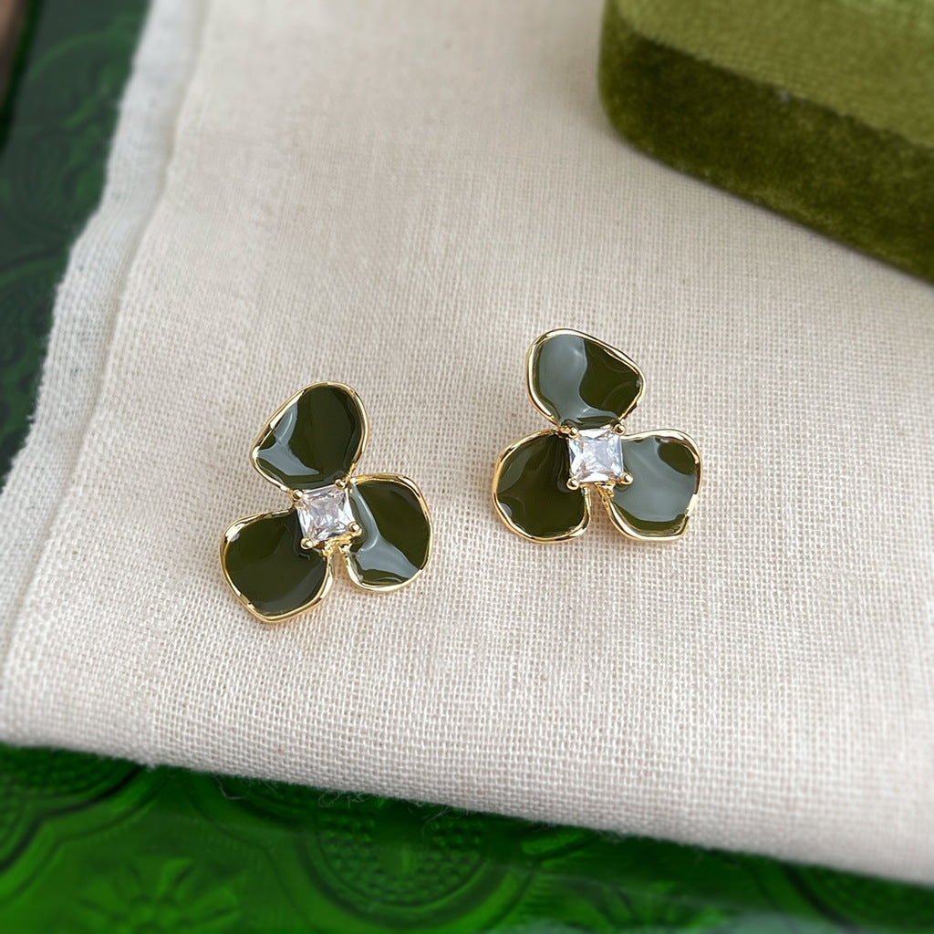 A廠-森系甜美微鑲鋯石橄欖綠耳釘合集 幾何花朵耳飾氣質爆款耳環「ES0603G」25.06-3