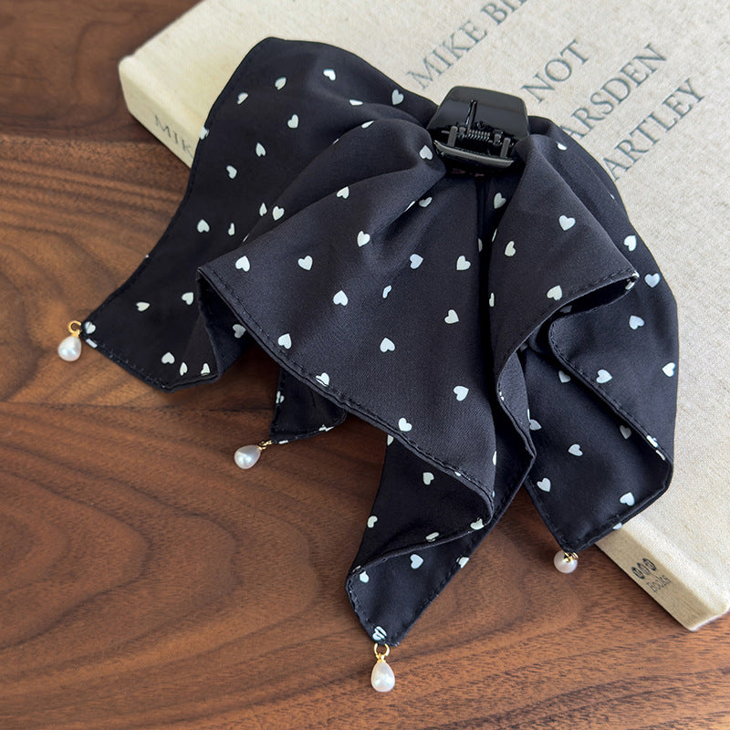 E廠-愛心波點吊珠抓夾女大號方巾馬尾夾優雅氣質後腦勺髮夾子半扎髮飾「27100」25.06-3