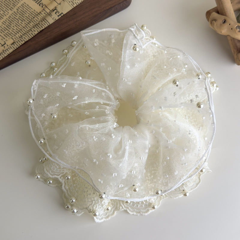 E廠-白色網紗裙擺珍珠蕾絲大腸髮圈2025新款超大號扎頭髮頭花髮繩髮飾「27129」25.06-4