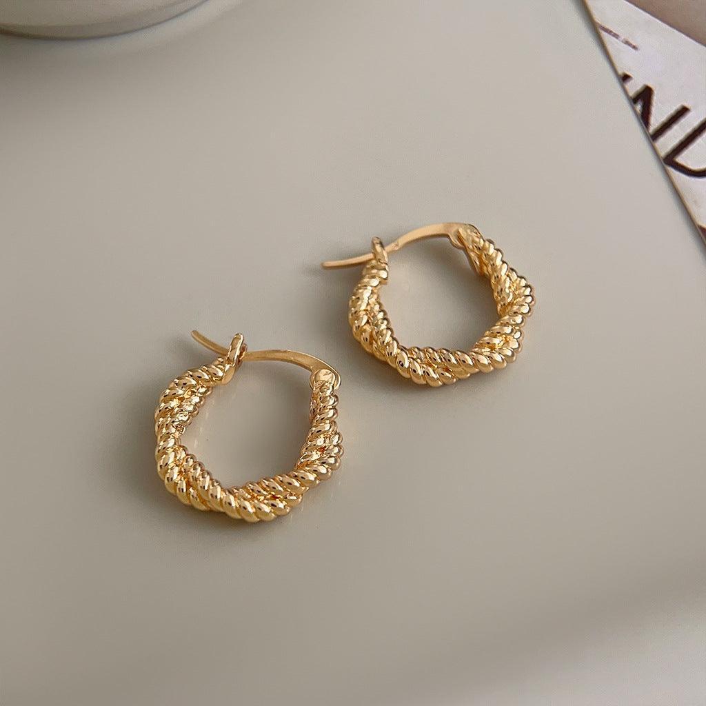 A廠-輕奢風高級感時尚通勤簡約百搭鍍14K麻花幾何圓形耳扣氣質耳飾女「3629-3630」24.03-2