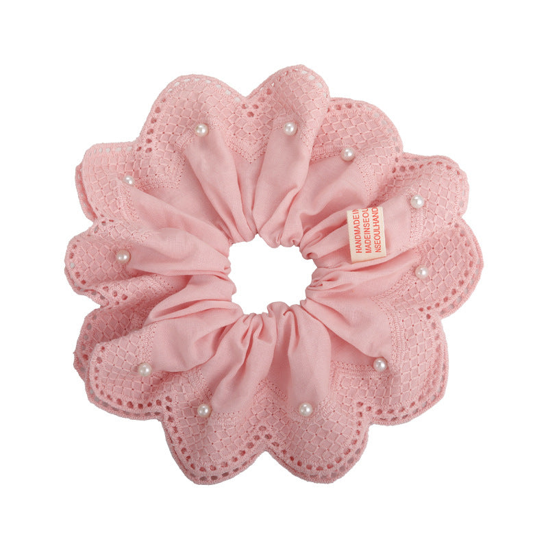 E廠-韓國小清新珍珠刺繡蕾絲大腸髮圈2025新款扎馬尾氣質髮飾丸子頭繩「27076」25.06-3