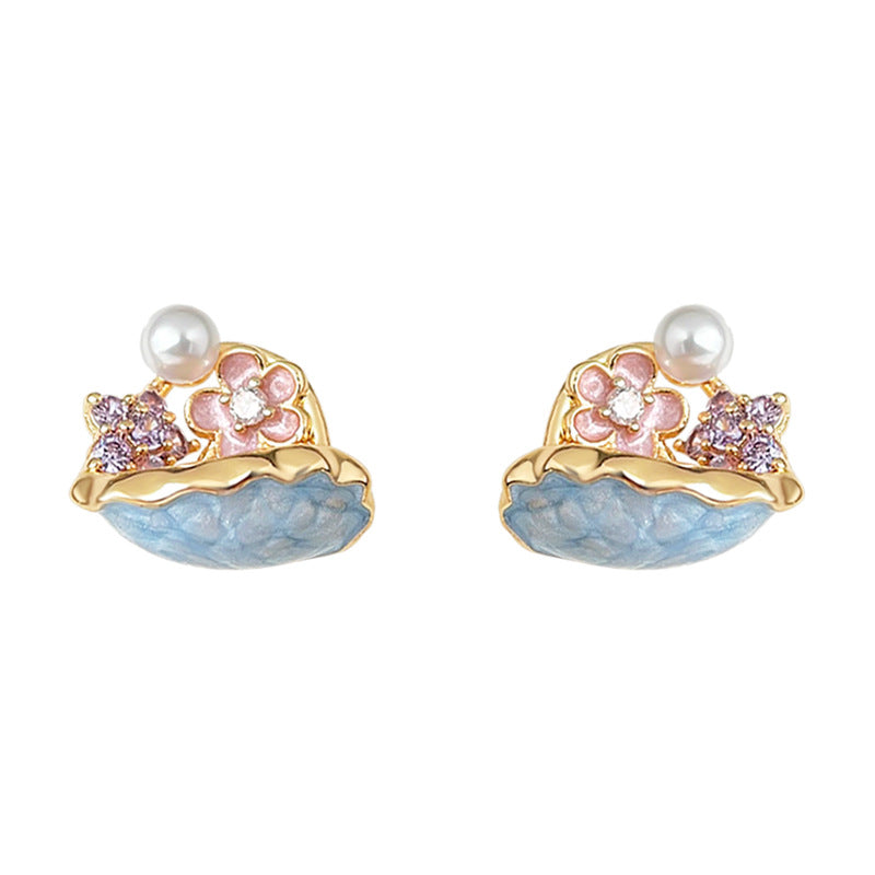 A廠-【花籃】原創森系清新甜美琺瑯滴釉彩繪花朵新款耳飾工廠耳環飾品「6865」25.10-1