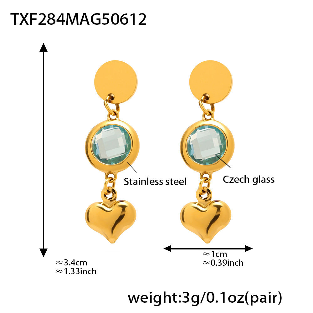 B廠-歐美新款捷克玻璃愛心流蘇耳環時尚氣質不鏽鋼18K真金耳飾「TXF284」25.06-3
